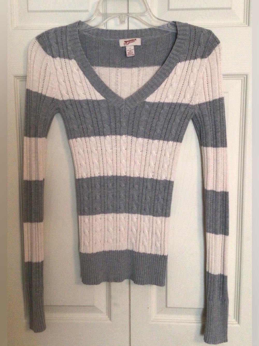 Arizona Jean Company- Striped Grey & Cream Cable Knit V-Neck Sweater